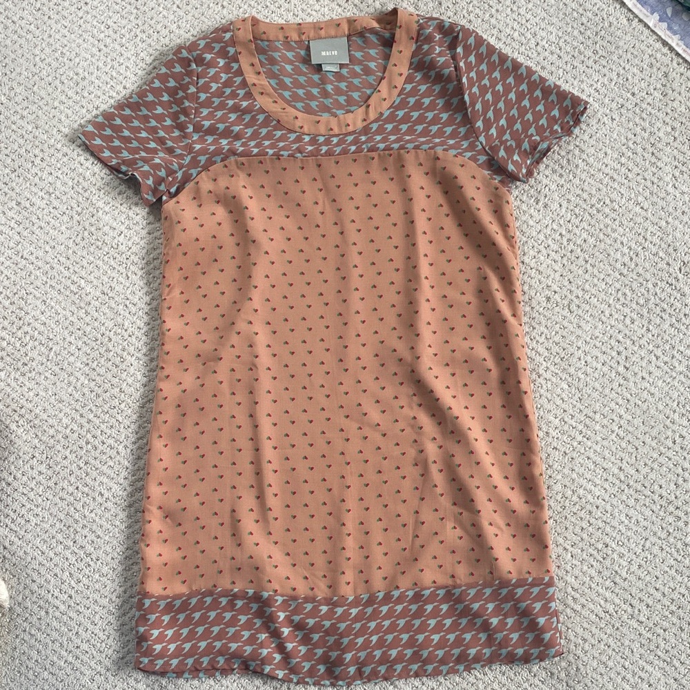 Maeve Peach Shift Dress with Light Blue & Brown Patterned Accents, size small